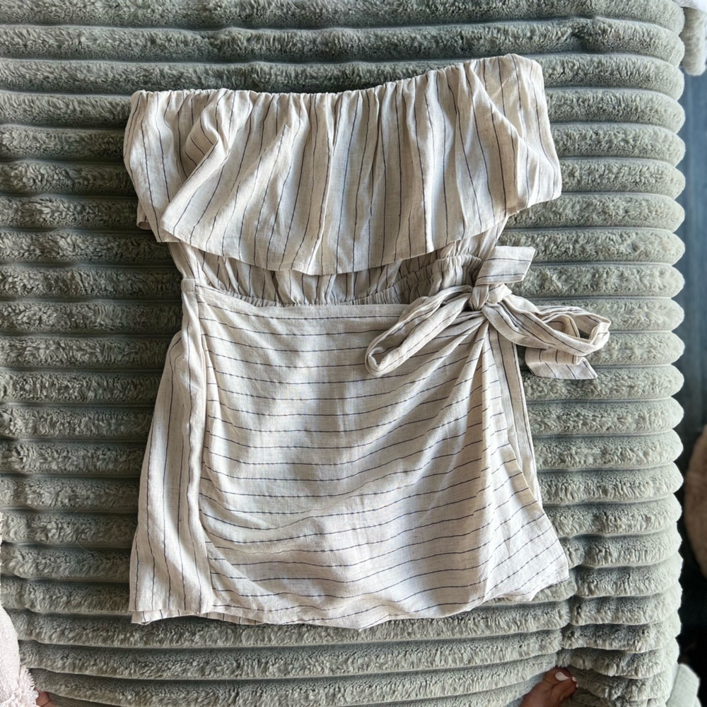 Beige Linen Striped Tube Dress
